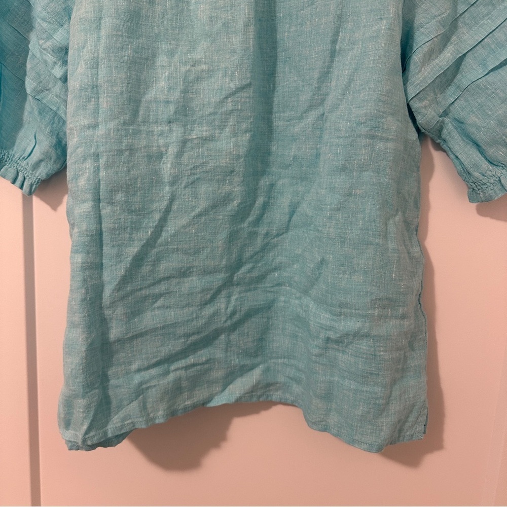 Talbots Aqua Blue Linen Peasant Tunic With Pleated Sleeves Size SP Women’s NWT - Picture 11 of 14